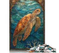 Adult Puzzle Game Stained Glass Sea Turtle In Ocean Wooden Puzzles for Adults Jigsaw Puzzles for Adults Educational Game Challenge Toy 1000pcs (75x50cm)