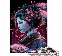 Adult Puzzle Geisha Neon Cherry Blossom 1000 Piece Wooden Puzzle for Boys Girls Kids Home Decor Gifts Size (50x75cm)