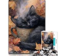 Adult Puzzles 1000 Pieces Black Cat Drinking Coffee Teenager Jigsaw,Family Activity Fun at Home Activities, Birthday Present,Travel Gifts 26x38cm