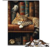 Adult Puzzles 1000 Pieces Cat Sleeping on Bookshelf, for Age 14+ Suitable for Couples Fun at Home Activities, Birthday Present,Travel Gifts (Size50x75cm)