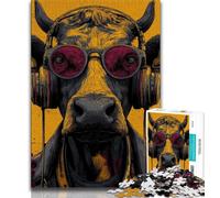 Adult Puzzles 1000 Pieces Cow Listening to Music,Challenging Game And Family Play with Fully Interlocking Randomly Shaped Pieces (38x26cm)