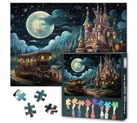 Adult Puzzles 1000 Pieces - Elegant Horse Carriage Arriving at a Grand Illuminated Castle Under Night Sky, Jigsaw Puzzle for Adults - 27.5x19.7 Inchs