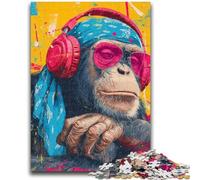 Adult Puzzles 1000 Pieces Monkey with Headphones Challenging To Complete But Fun And Humorous with Matching Poster And Trivia Sheet 26x38cm