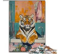 Adult Puzzles 1000 Pieces Tiger in The Bathroom, Stress Relief with Fully Interlocking Randomly Shaped Pieces for And 14 Years Old (Size 26x38cm)