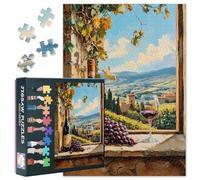 Adult Puzzles 1000 Pieces - Vineyard Window Tableau with Wine Bottle, Glass and Bunch of Grapes Jigsaw Puzzles, 27.5x19.7 Inches