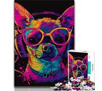 Adult Puzzles Chihuahua DJ Neon Jigsaw Puzzles for Adults 1000 Pieces,with Matching Poster And Trivia Sheet for Age 14 Years Up 26x38cm