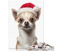 Adult Puzzles Chihuahua Dog with Santa Hat Portrait Wooden Puzzle for Adults And Teenager for Adults Teenagers Age 12+ 1000pcs (75x50cm)