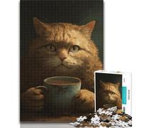 Adult Puzzles Drinking Coffee Cat 1000 Piece Jigsaw Puzzles for Teenagers,Wall Decoration Unique Birthday And Xmas Gifts Suitable for And 14 50x75cm