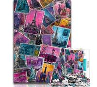 Adult Puzzles Paris Stamp Collage Jigsaw Puzzle 1000 Pieces for Adults,Educational Game for Birthday, Chrismas for Ages 14+ (50x75cm)