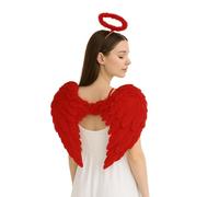Adult Red Angel Wings and Halo 2-Piece Costume Set - Feather Fancy Dress Accessories for Women & Men - Halloween, Devil Angel, Cosplay & Themed Events
