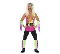 Adult Retro 90s Wrestler Bodysuit, Belt, Arm & Leg Cuffs Fancy Dress Costume