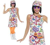 Smiffys 60's Groovy Chick Costume, Multi-Coloured with Dress & Hat, 1960's Groovy Fancy Dress, 1960s Dress Up Costumes