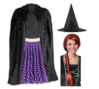 Adult’s Room on the Broom Set - Black Velour Cape, Purple Polka Dot Skirt, Witch Hat, Auburn Wig - Perfect for World Book Day School Book Day Fancy Dress