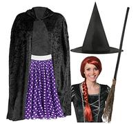 Adult’s Room on the Broom Set - Black Velour Cape, Purple Polka Dot Skirt, Witch Hat, Auburn Wig - Perfect for World Book Day School Book Day Fancy Dress