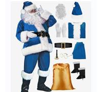 Adult Santa Costume 10pcs Set,Deluxe Santa Claus Suits Men,Plus Sized Xmas Costumes Cosplay,Clothes, Trousers, Boots, Hat, Beard, Bag, Bell, Gloves, Glasses, Belt,Father Christmas Outfit