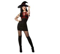 Smiffys Fever Satanic Witch Costume, Black Dress, Hat & Removable Shoulder Harness, Fever Fancy Dress, Fever Dress Up Costumes