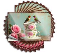 Adult Signs For Man Cave Two Hummingbirds Perched On Floral Teacups With Pink Roses Stickers 10Pcs Bar Signs For Man Cave Mens Room Sign(8X12CM)
