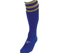 ADULT Size 7-11 Pro 3 Stripe Football Socks - ROYAL BLUE/GOLD - Contoured Ankle