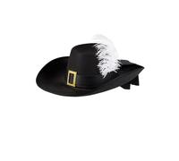 Adult Size Black Musketeer Hat with White Feather Cavalier Pirate Fancy Dress