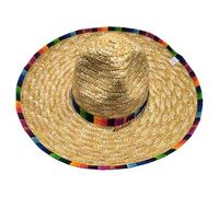 Adult Straw Sombrero Hat with Multicoloured Trim for Fiesta Parties | woven straw construction, colourful striped trim, wide brim, high conical crown, fancy dress accessory