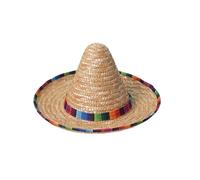 Adult Straw Sombrero Hat with Multicoloured Trim for Fiesta Parties | woven straw construction, colourful striped trim, wide brim, high conical crown, fancy dress accessory