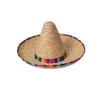 Adult Straw Sombrero Hat with Multicoloured Trim for Fiesta Parties | woven straw construction, colourful striped trim, wide brim, high conical crown, fancy dress accessory
