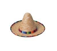 Adult Straw Sombrero Hat with Multicoloured Trim for Fiesta Parties | woven straw construction, colourful striped trim, wide brim, high conical crown, fancy dress accessory