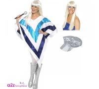 Adult Super Trooper Poncho + Dancing Queen Wig +70s Sequin Disco Cap Fancy Dress