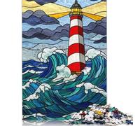 Adult Teen 1000 Pieces Jigsaw Puzzle Gaming Puzzles Lighthouse Stained Glass Ocean Waves Puzzle Educational Games Family Activities 38x26cm/1000pcs