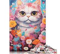 Adult Teen 500 Pieces Jigsaw Puzzle Gaming Puzzles Colourful Cat with Flower Puzzle Educational Games Family Activities 500pcs (52x38cm)
