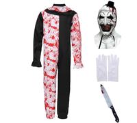 Adult Terrifier Art the Clown Costumes, 4PCS Halloween Scary Killer Clown Jumpsuit Outfits with Mask Gloves Knife Props (Bloody-1, Medium)