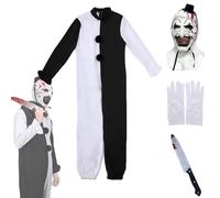 Adult Terrifier Art the Clown Costumes, 4PCS Halloween Scary Killer Clown Jumpsuit Outfits with Mask Gloves Knife Props (Black and White, X-Large)