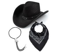 Adult Texan Cowboy Black Hat + Bootlace Necktie + Paisley Bandana Fancy Dress Party Accessory Wild West Sheriff Country Western Rancher (Black)