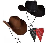 Adult Texan Cowboy Hat Dark Brown & Black 2 Pack + Bandanas (Black & Red) : Fancy Dress Party Accessory Country Western Rancher Wild West