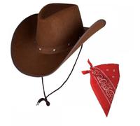 Adult Texan Cowboy Hat Dark Brown & Red Bandana/Neckerchief Fancy Dress Party Accessory Wild Western Sheriff Country Western Rancher