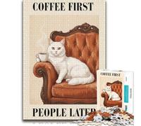 Adult Themed Jigsaw Puzzle, Coffee First People Later Cat Poster, 500 PCS