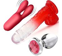 Adult Toy Kit, Multi-Speed Silicone Vibrator, 22.4cm Suction Cup Dildo, Red/Clear, Glass Butt Plug with Gem