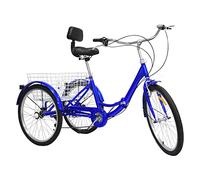 Adult Tricycle 24" Adult Tricycle 3-Wheel Foldable 7 Speed Trike Cruiser Bike with Backrest and Basket, Adjustable Height Cargo Trike with Basket, Blue Cruiser Bicycle for Seniors, Shopping&Picnic