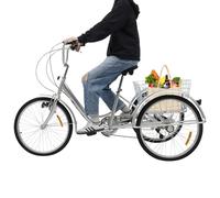Adult Tricycle 6-Speed Carbon Steel Frame 264lbs Capacity 55lbs Rear Basket Adjustable Seat Armrests All Terrain Tyres LED Lights for Seniors Shopping Leisure Riding (Silver)