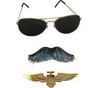 Adult Unisex Airline Pilot Captain Aviator Sunglasses, Mustache & Gold Metal Pin Badge | Pilot/Captain Airline Top Gun WW1 WW2 Fancy Dress Set
