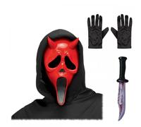 Adult Unisex DEVIL Face Mask with Hood + Black Gloves + Bloody Blade : Halloween Fancy Dress Accessory Set