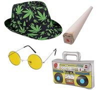 Adult Unisex Jamaican Reggae Grass Hat with Fake Spliff, Glasses & Inflatable Boom Box ~ Jamaica Rastafarian Rasta Set for Men and Women Caribbean Fun Party Fancy Dress Costume
