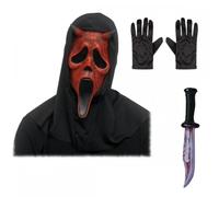 Adult Unisex Official Scream/Ghost Aged Devil Face Mask with Hood + Black Gloves + Bloody Blade Knife : Halloween Fancy Dress Accessory Set