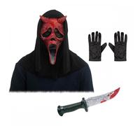 Adult Unisex Official Scream/Ghost Devil Face Bling Mask with Hood + Black Gloves + Bling Knife ; Halloween Fancy Dress Accessory Set