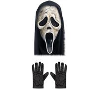 Adult Unisex Official Scream/Ghost Face® AGED Mask with Hood + Black Gloves : Halloween Horror Film Theme Fancy Dress Accessory Set