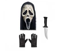Adult Unisex Official Scream/Ghost Face® Aged Mask with Hood + Black Gloves + Horror Knife : Halloween Fancy Dress Accessory Set