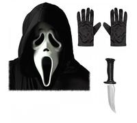 Adult Unisex Official Scream/Ghost Face Mask with Hood + Black Gloves + Horror Knife : Halloween Horror Film Theme Fancy Dress Costume Accessory Set