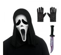 Adult Unisex Official Scream/Ghost Face Pearl Mask with Hood + Black Gloves + Bloody Blade ; Halloween Fancy Dress Accessory Set