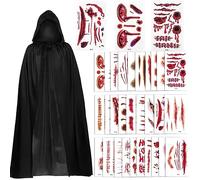 Adult Unisex Vampire Costume Set, Masquerade Cloak 140cm cosplay Hooded Vampires Cloak and Tattoo Scar Cosplay Dress Up Transylvania Costume for Halloween Christmas Party Dracula Theme Party