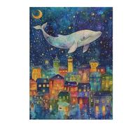 Adult Vivid Jigsaw Puzzle, Whale Flying Over Colorful Town, 500 PCS